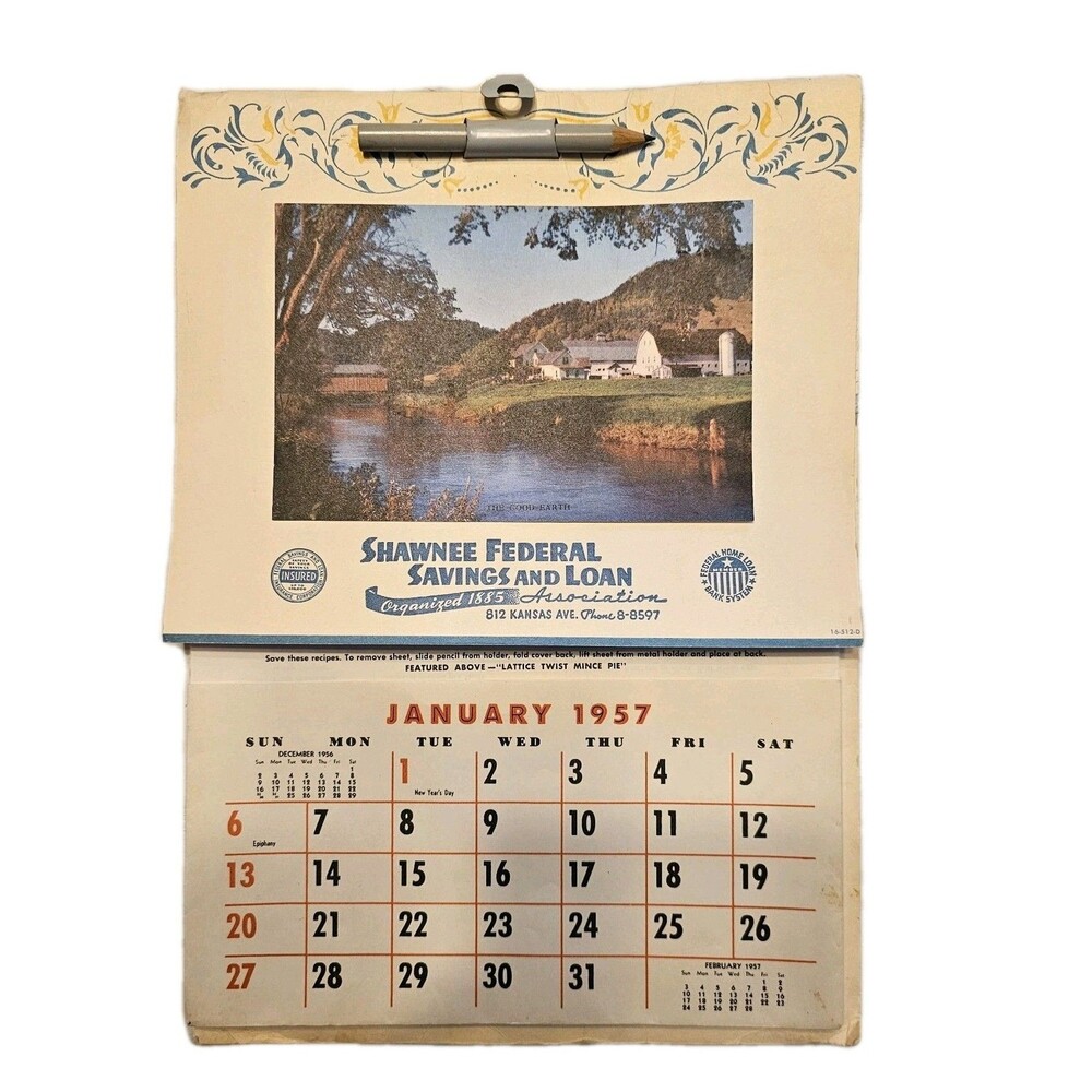 Vint 1957 Bank Calendar, Shawnee KS Fed Savings, No Rips Or Writing, Orig Pencil